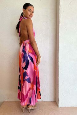 Vintage Halter Neck Pleated Maxi Dress - Y2K Coquette Grunge Pastel Goth