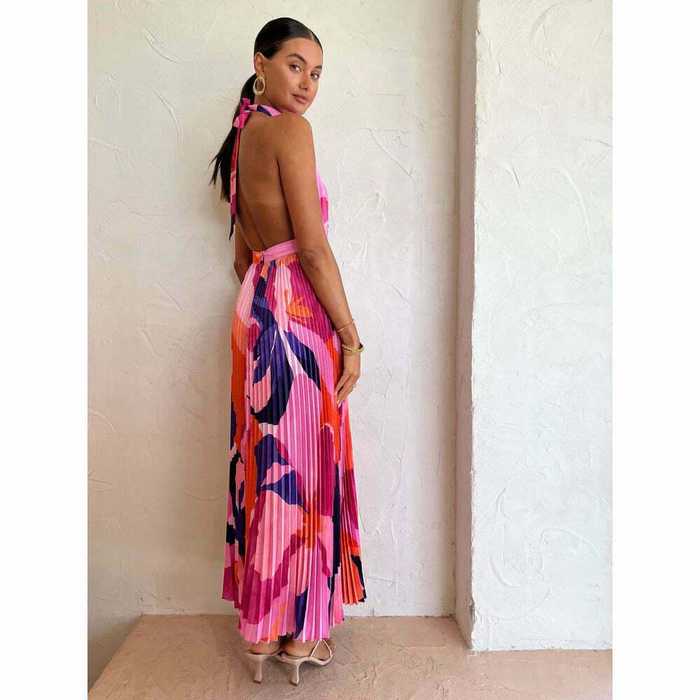 Vintage Halter Neck Pleated Maxi Dress - Y2K Coquette Grunge Pastel Goth Vintage Halter Neck Pleated Maxi Dress - Y2K Coquette Grunge Pastel Goth