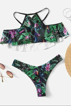 Vintage Halter Ruffles Bikini Set with Ethnic Print for Y2K Fashion Enthusiasts