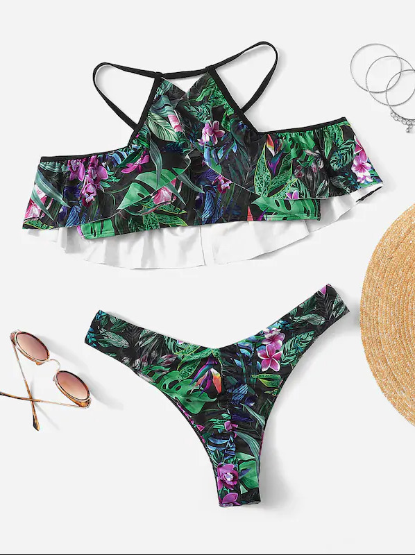 Vintage Halter Ruffles Bikini Set with Ethnic Print for Y2K Fashion Enthusiasts Vintage Halter Ruffles Bikini Set with Ethnic Print for Y2K Fashion Enthusiasts