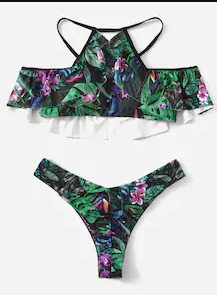 Vintage Halter Ruffles Bikini Set with Ethnic Print for Y2K Fashion Enthusiasts Vintage Halter Ruffles Bikini Set with Ethnic Print for Y2K Fashion Enthusiasts
