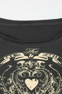 Vintage Heart Print Off Shoulder Long Sleeve Tee - Y2K Coquette Aesthetic Grunge Style Cute Tops