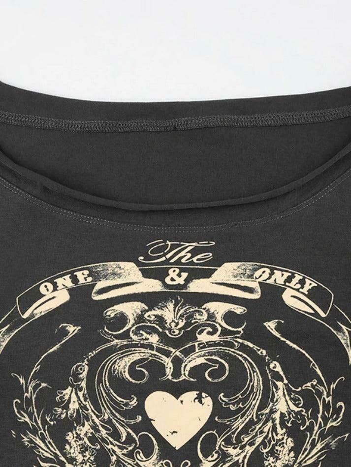 Vintage Heart Print Off Shoulder Long Sleeve Tee - Y2K Coquette Aesthetic Grunge Style Cute Tops