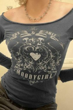 Vintage Heart Print Off Shoulder Long Sleeve Tee - Y2K Coquette Aesthetic Grunge Style Cute Tops