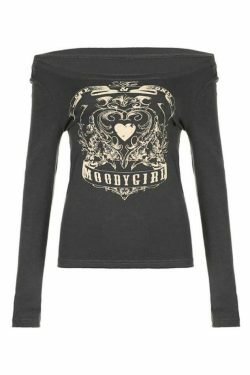 Vintage Heart Print Off Shoulder Long Sleeve Tee - Y2K Coquette Aesthetic Grunge Style Cute Tops