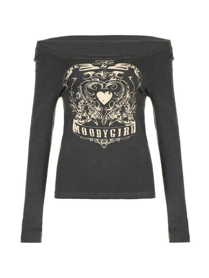 Vintage Heart Print Off Shoulder Long Sleeve Tee - Y2K Coquette Aesthetic Grunge Style Cute Tops