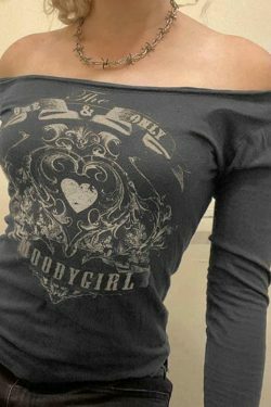 Vintage Heart Print Off Shoulder Long Sleeve Tee - Y2K Coquette Aesthetic Grunge Style Cute Tops