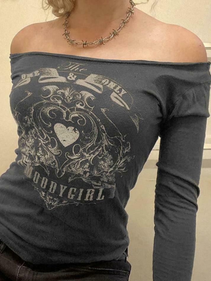 Vintage Heart Print Off Shoulder Long Sleeve Tee - Y2K Coquette Aesthetic Grunge Style Cute Tops