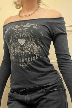 Vintage Heart Print Off Shoulder Long Sleeve Tee - Y2K Coquette Aesthetic Grunge Style Cute Tops