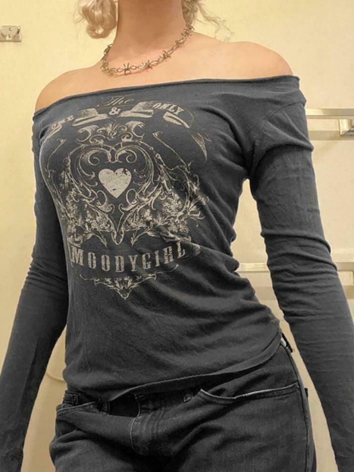 Vintage Heart Print Off Shoulder Long Sleeve Tee - Y2K Coquette Aesthetic Grunge Style Cute Tops