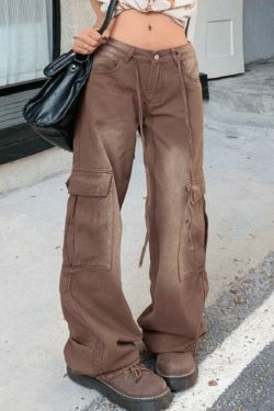 Vintage High Rise Loose Tie Jeans - Y2K Fashion Denim with a Coquette Aesthetic