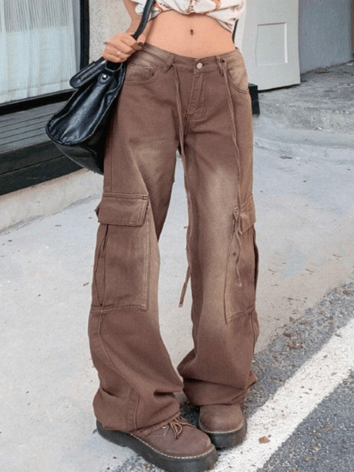 Vintage High Rise Loose Tie Jeans - Y2K Fashion Denim with a Coquette Aesthetic Vintage High Rise Loose Tie Jeans - Y2K Fashion Denim with a Coquette Aesthetic