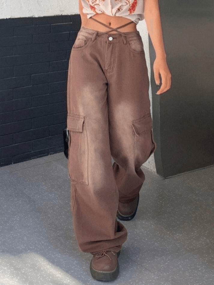 Vintage High Rise Loose Tie Jeans - Y2K Fashion Denim with a Coquette Aesthetic Vintage High Rise Loose Tie Jeans - Y2K Fashion Denim with a Coquette Aesthetic