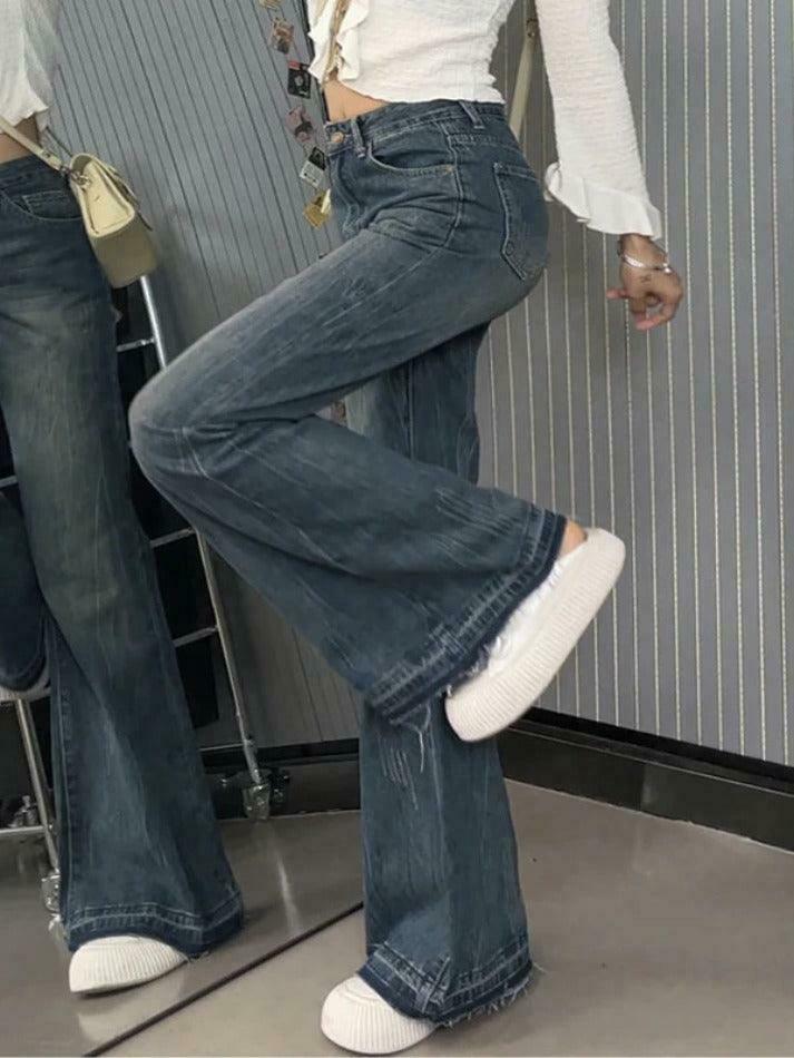 Vintage High Rise Raw Trim Flare Jeans - Y2K Fashion Staple for Women's Niche Aesthetic Vintage High Rise Raw Trim Flare Jeans - Y2K Fashion Staple for Women's Niche Aesthetic