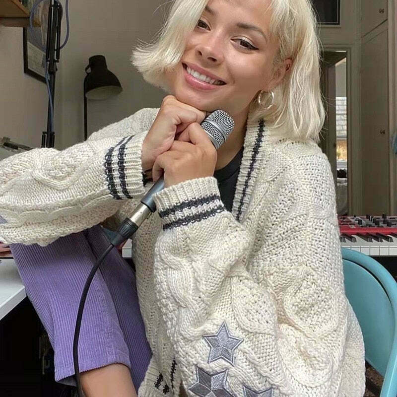 Vintage Hollywood Starlet Star-Embroidered Cardigan - Y2K Fashion Aesthetic for Women Vintage Hollywood Starlet Star-Embroidered Cardigan - Y2K Fashion Aesthetic for Women