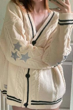 Vintage Hollywood Starlet Star-Embroidered Cardigan - Y2K Fashion Aesthetic for Women