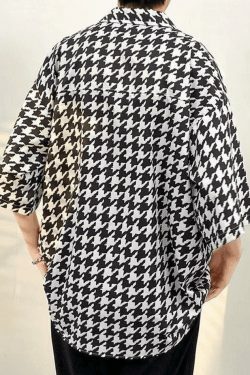 Vintage Houndstooth Shirt: Y2K Fashion Men's Coquette Aesthetic Grunge Style Button Down