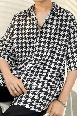 Vintage Houndstooth Shirt: Y2K Fashion Men's Coquette Aesthetic Grunge Style Button Down
