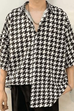 Vintage Houndstooth Shirt: Y2K Fashion Men's Coquette Aesthetic Grunge Style Button Down