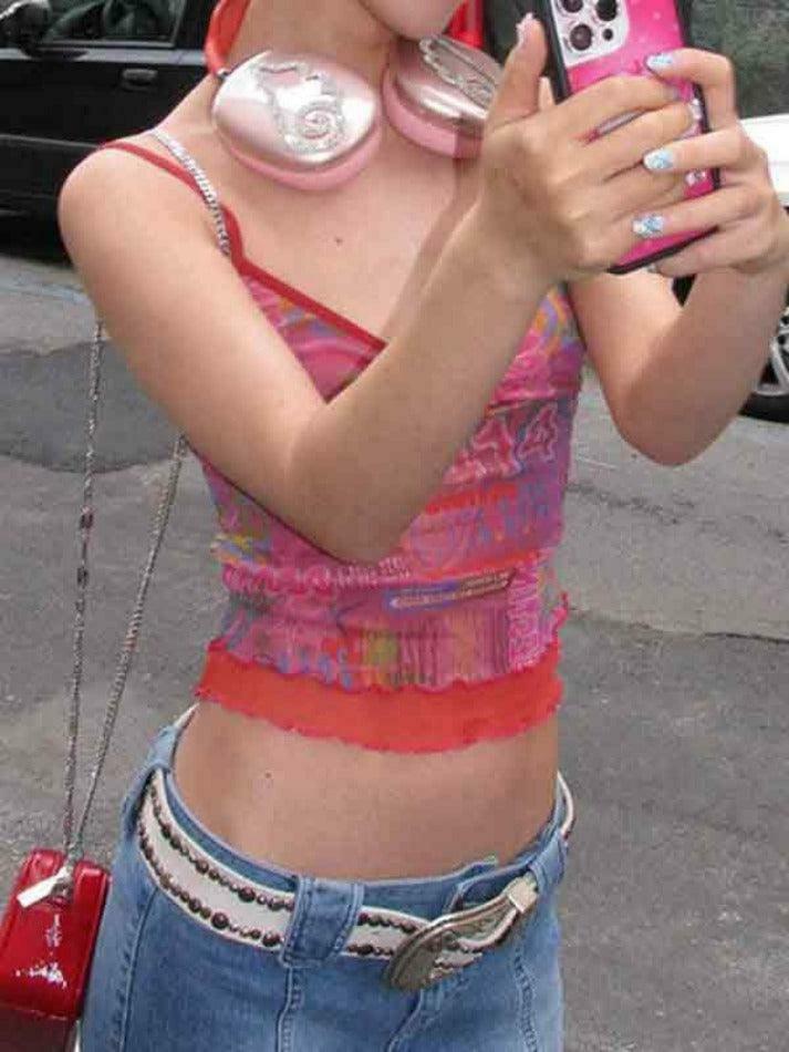 Vintage Irregular Print Fungus Slim Cami Top for Y2K Fashion Enthusiasts