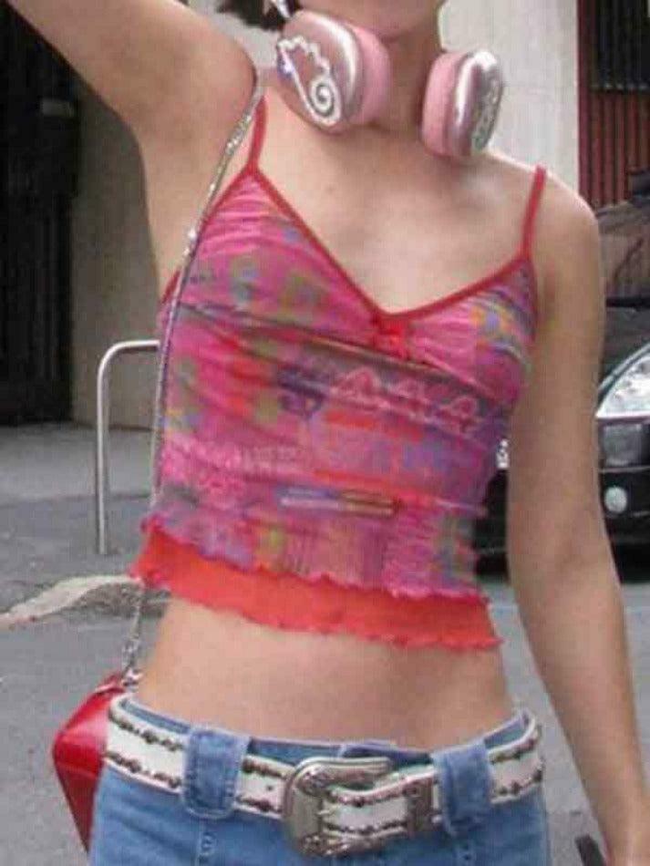 Vintage Irregular Print Fungus Slim Cami Top for Y2K Fashion Enthusiasts