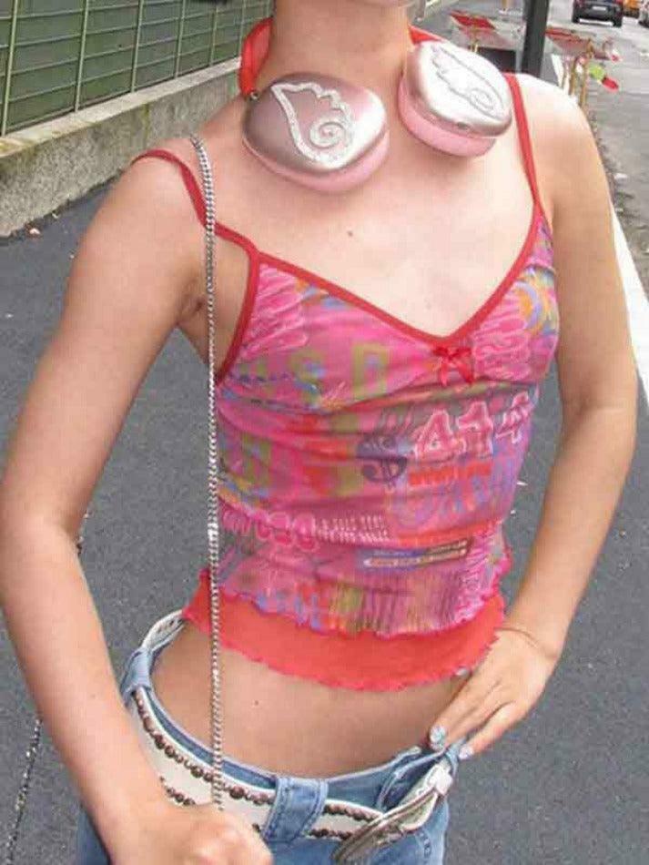 Vintage Irregular Print Fungus Slim Cami Top for Y2K Fashion Enthusiasts