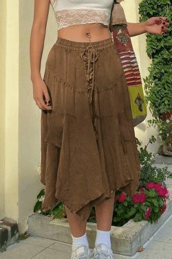 Vintage Lace-Up Midi Skirt: Y2K Fashion with a Coquette Aesthetic Twist