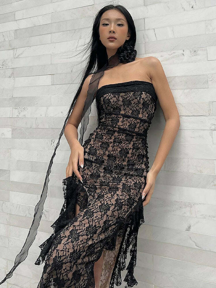 Vintage Lace Double Layer Tube Dress - Y2K Aesthetic Fashion for Women - Coquette Style Outfit Vintage Lace Double Layer Tube Dress - Y2K Aesthetic Fashion for Women - Coquette Style Outfit