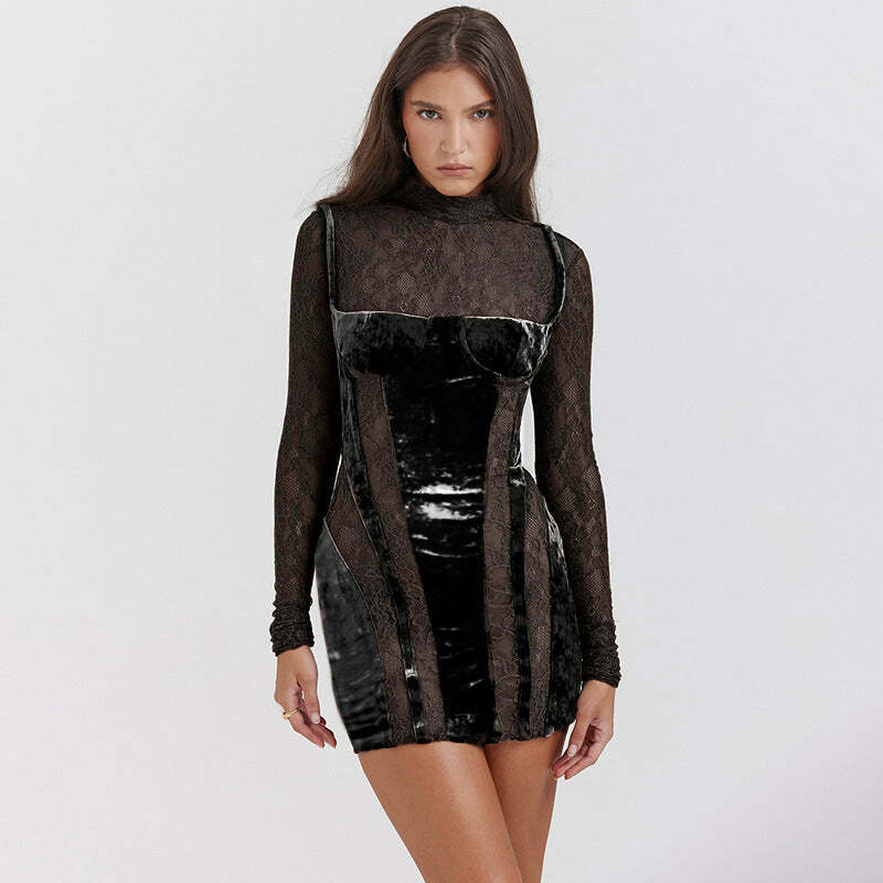 Vintage Lace High-Neck Long-Sleeve Dress - Y2K Fashion Aesthetic, Coquette & Grunge Vibes Vintage Lace High-Neck Long-Sleeve Dress - Y2K Fashion Aesthetic, Coquette & Grunge Vibes