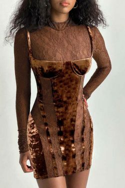 Vintage Lace High-Neck Long-Sleeve Dress - Y2K Fashion Aesthetic, Coquette & Grunge Vibes