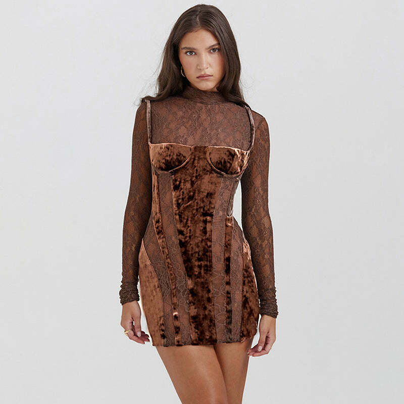 Vintage Lace High-Neck Long-Sleeve Dress - Y2K Fashion Aesthetic, Coquette & Grunge Vibes Vintage Lace High-Neck Long-Sleeve Dress - Y2K Fashion Aesthetic, Coquette & Grunge Vibes