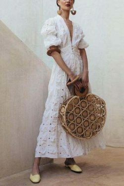 Vintage Lace Maxi Dress with Bubble Sleeves - Y2K Fashion Aesthetic for Women