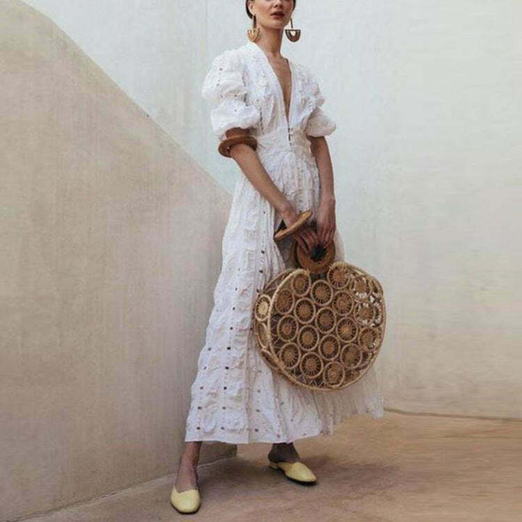 Vintage Lace Maxi Dress with Bubble Sleeves - Y2K Fashion Aesthetic for Women Vintage Lace Maxi Dress with Bubble Sleeves - Y2K Fashion Aesthetic for Women