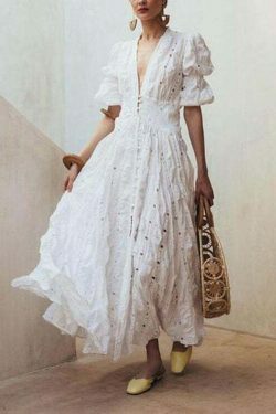 Vintage Lace Maxi Dress with Bubble Sleeves - Y2K Fashion Aesthetic for Women