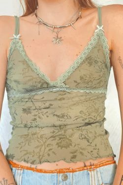 Vintage Lace Patch Wood Ear Cami Top - Y2K Fashion Aesthetic with Coquette Style and Grunge Vibes
