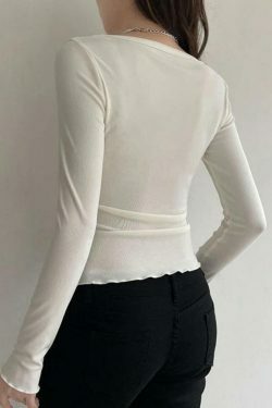 Vintage Lace Splice Square Neck Long Sleeve Tee - Y2K Fashion Aesthetic for Women