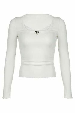 Vintage Lace Splice Square Neck Long Sleeve Tee - Y2K Fashion Aesthetic for Women