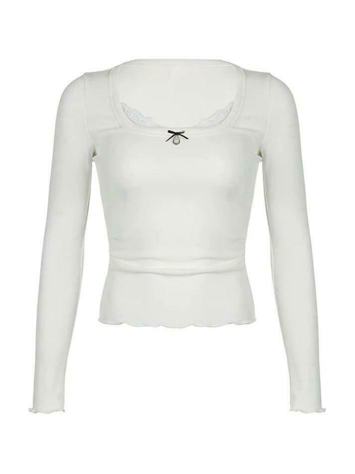Vintage Lace Splice Square Neck Long Sleeve Tee - Y2K Fashion Aesthetic for Women Vintage Lace Splice Square Neck Long Sleeve Tee - Y2K Fashion Aesthetic for Women