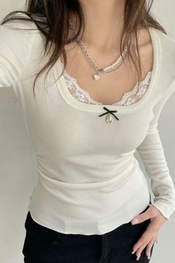 Vintage Lace Splice Square Neck Long Sleeve Tee - Y2K Fashion Aesthetic for Women