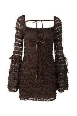 Vintage Lace Square Neck Mini Dress - Y2K Aesthetic Fashion for Women