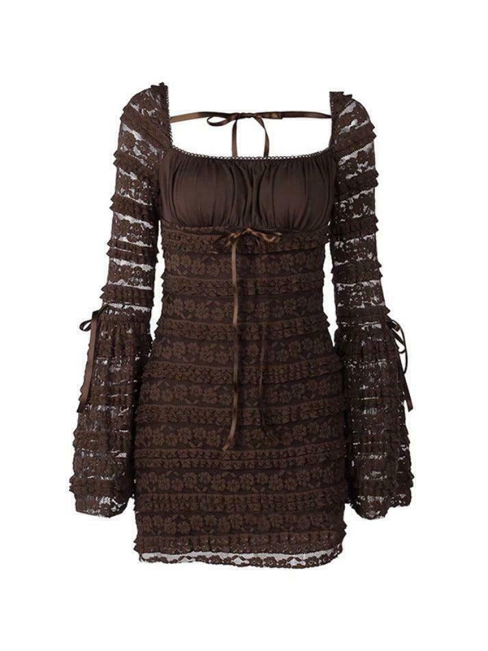 Vintage Lace Square Neck Mini Dress - Y2K Aesthetic Fashion for Women