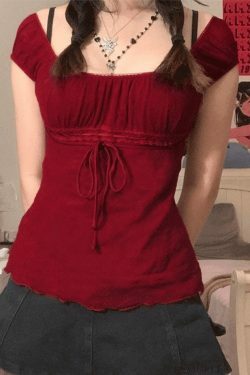 Vintage Lace Trim Blouse with Tie Front - Y2K Fashion Aesthetic Women's Top