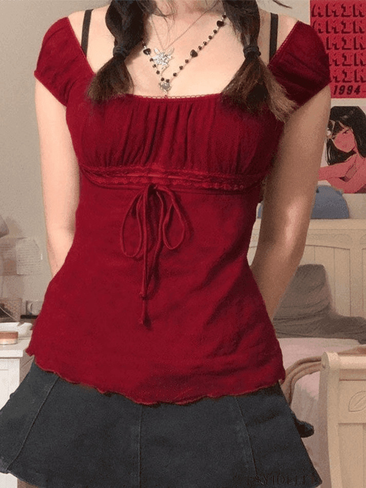 Vintage Lace Trim Blouse with Tie Front - Y2K Fashion Aesthetic Women's Top