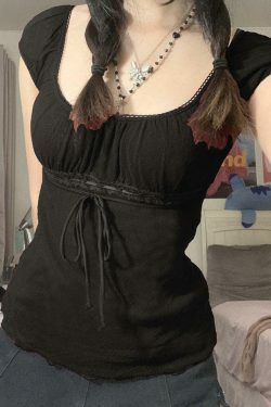 Vintage Lace Trim Blouse with Tie Front - Y2K Fashion Aesthetic Women's Top