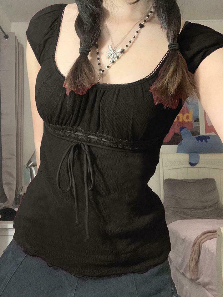 Vintage Lace Trim Blouse with Tie Front - Y2K Fashion Aesthetic Women's Top