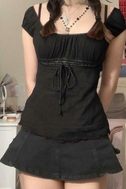 Vintage Lace Trim Blouse with Tie Front - Y2K Fashion Aesthetic Women's Top