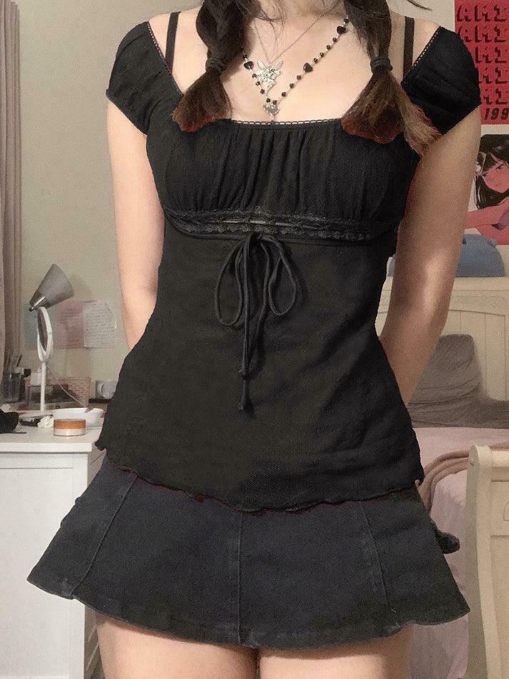 Vintage Lace Trim Blouse with Tie Front - Y2K Fashion Aesthetic Women's Top