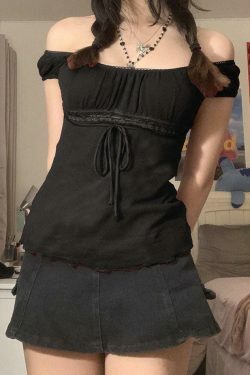 Vintage Lace Trim Blouse with Tie Front - Y2K Fashion Aesthetic Women's Top