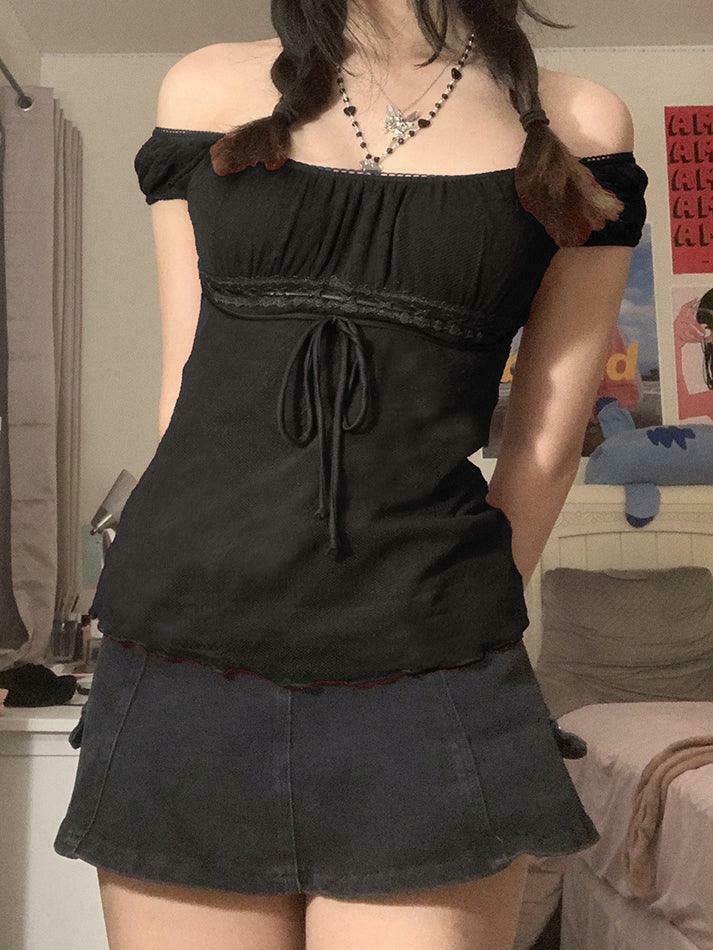 Vintage Lace Trim Blouse with Tie Front - Y2K Fashion Aesthetic Women's Top