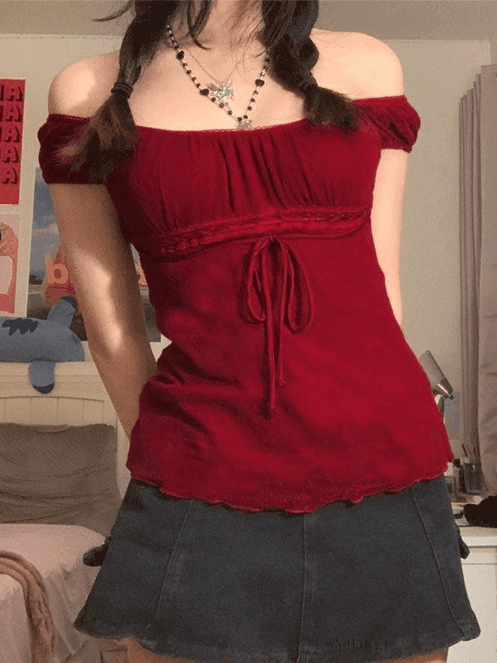 Vintage Lace Trim Blouse with Tie Front - Y2K Fashion Aesthetic Women's Top